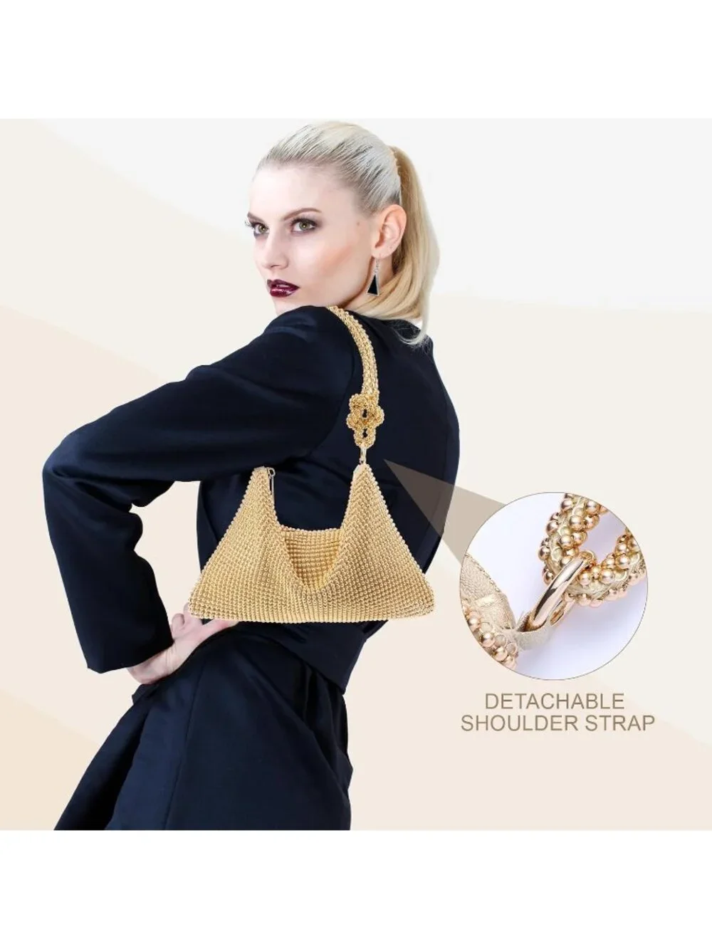 Women’s Gold Beads Rhinestone Mesh Clutch Evening Handbag Wedding Party Purse